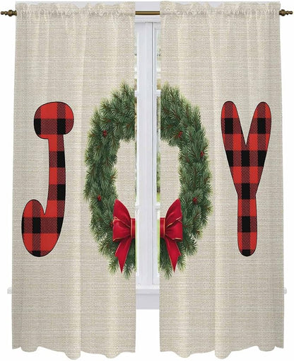Red Green Christmas Window Curtains 72 Inch Long 2 Panel Set, Rod Pocket Long Curtains & Drapes, Farmhouse Xmas Botanical Winter Light Filtering Window Treatment for Bedroom Living Room 52"W x 72"L