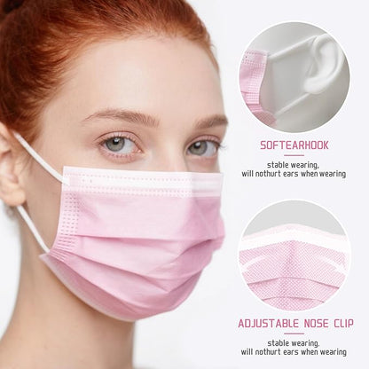 NNPCBT Pink Disposable Face Masks 100 Pack,3-Ply Breathable Mask For Adults,Great For Outdoors,Home, Office, School