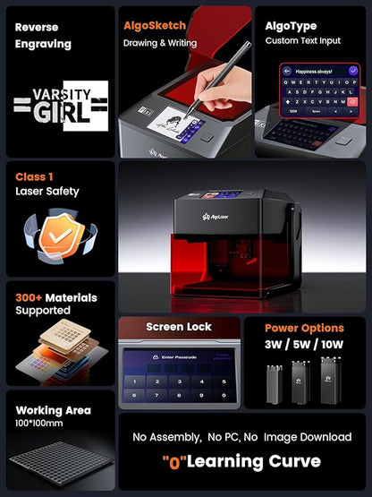 AlgoLaser 10W Portable Laser Engraver Machine: Smart Laser Engraver/Cutter with 3.5" Touchscreen & 2.0 AlgoOS System - Hand Draw/Wireless Transmission/Offline - Laser Engraving for Wood,Metal,Glass