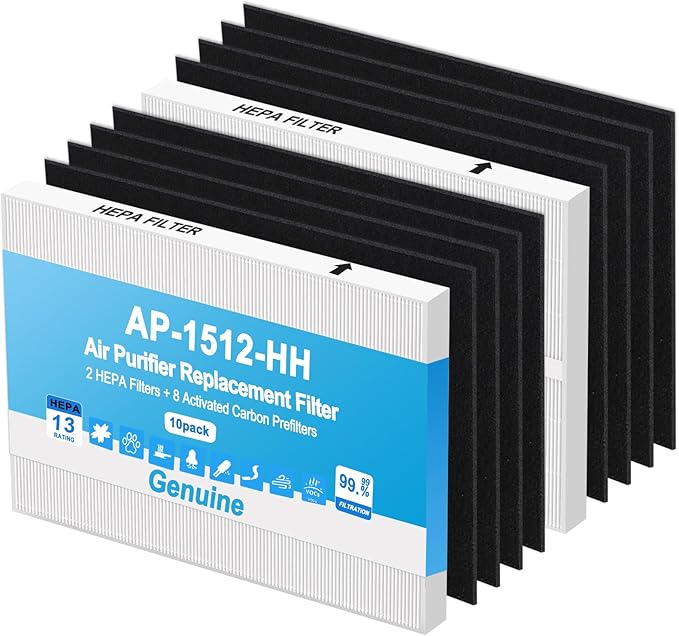 Upgraded AP-1512HH Filter Replacement Set for Coway Airmega AP-1512HH and Airmega 200M air Purifier,2 HEPA Filter+8 Carbon Filters,Triple Filtration, 99.7% Particle Capture