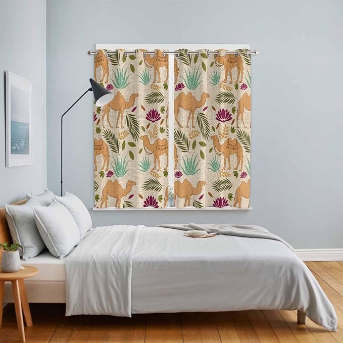 2 Panel Kitchen Cafe Curtains, Desert Camels Sunlight Filtering Nature Air Through, Home Decor Window Covering Tier Curtains for Living Room 104W x 84L inch Vintage Sand Animals Aloe Vera Leaves Beige