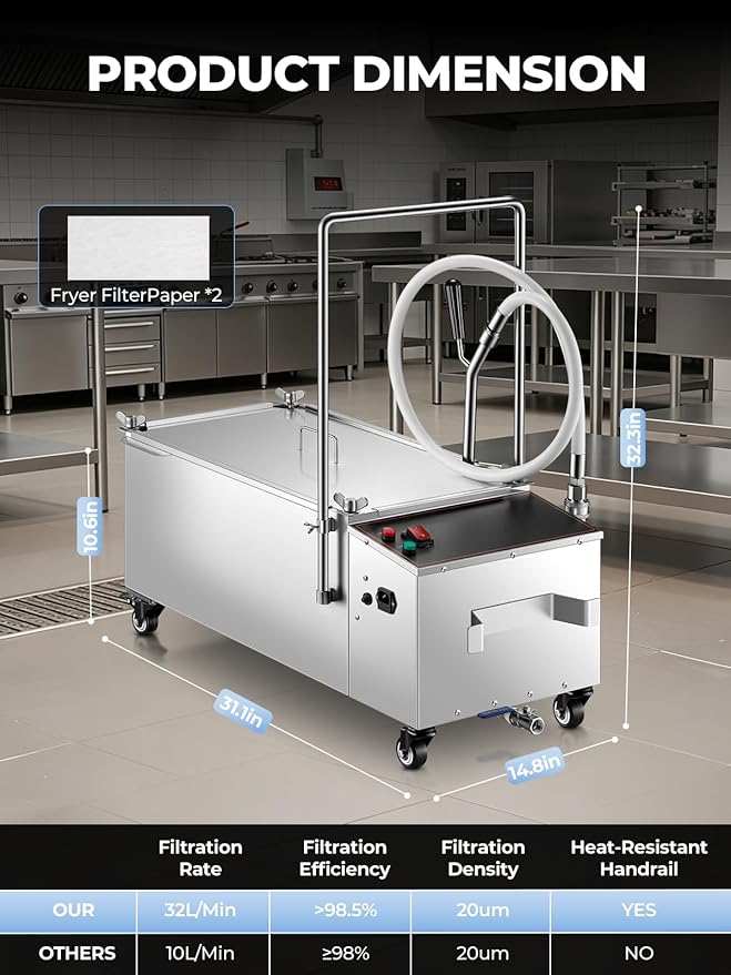 Mobile Fryer Oil Filter Machine, 55L/14.5GAL Fryer Filter Machine, Stainless Steel Commercial Fryer Oil Filter Cart with 8.45GAL/Min 1720RPM, Deep Fryer Oil Filtration for Restaurant Snack Bar 550W