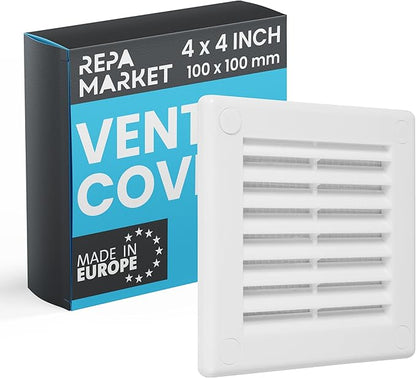 Repa Market 4 x 4 Inch (Outer) White Square Air Vent Cover - Plastic Fresh Air Intake Vent - AC Cover with Nylon Mesh Screen, Wall, Ceiling HVAC Return Air Register, Modern Soffit Vents