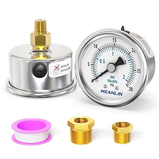 MEANLIN MEASURE 0~30Psi Dry Low Pressure Gauge Stainless Steel 1/8" NPT 2" FACE DIAL Waterproof for Pool Sand Filter Water Oil Air Pressure Test Back Mount, with 1/4" NPT and 3/8" NPT Hex Bushing