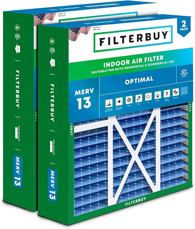 Filterbuy 22x24x5 Air Filter MERV 13 Optimal Smoke & Allergy Defense (2-Pack), Electrostatic Pleated HVAC AC Furnace Filters for Amana, Goodman, and Five Seasons (Actual Size: 22.06 x 23.94 x 5.25)