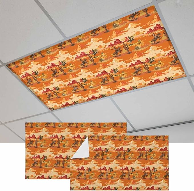 Tropical Plant Cactus Fluorescent Light Covers 2 Pack Western Cowboy Horse Sunset Deserts Orange Magnetic Fluorescent Ceiling Lights Filters for Office Classroom Home Drop Ceiling 4x2 Feet