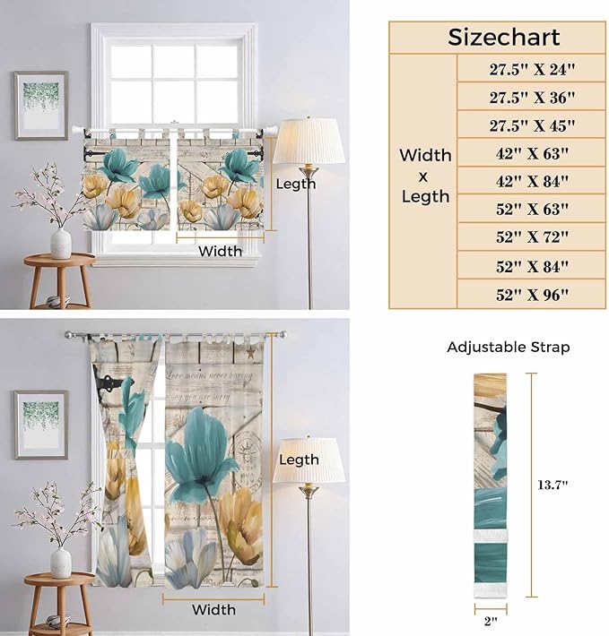 Watercolor Flowers Bedroom Curtains 63 Inch Length, Window Curtains Tab Top, Vintage Tulips Floral Barn Doors Wood Grain Light Filtering Window Treatments Drapes 42"x63" 2 Panel