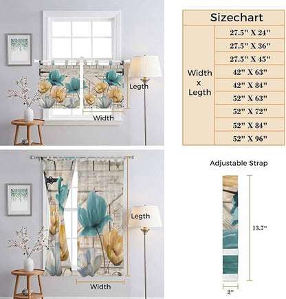 Watercolor Flowers Living Room Curtains 84 Inch Length, Window Curtains Tab Top, Vintage Tulips Floral Barn Doors Wood Grain Light Filtering Window Treatments Drapes 42"x84" 2 Panel