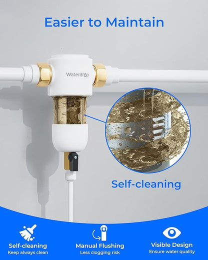 Waterdrop Spin Down Sediment Filter, Reusable Whole House Water Filter System, Flushable Pre-Filter System for City/Well Water, 50 Micron, 1" MNPT + 3/4" FNPT, WD-PF01