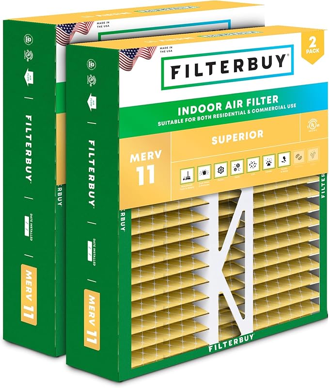 Filterbuy 16x22x5 Air Filter MERV 11 Superior Pet & Allergy Defense (2-Pack), Pleated HVAC AC Furnace Filters for Amana, Coleman, Goodman, York, and More (Actual Size: 15.38 x 21.88 x 5.25)