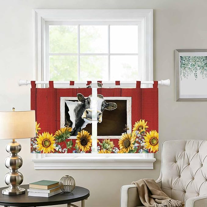 Cows Sunflowers Kitchen Curtains 24 Inch Length, Small Window Curtains Tab Top, Spring Botanical Floral Bees Red Barn Light Filtering Short Window Treatments Tier Drapes 27.5"x24" 2 Panel