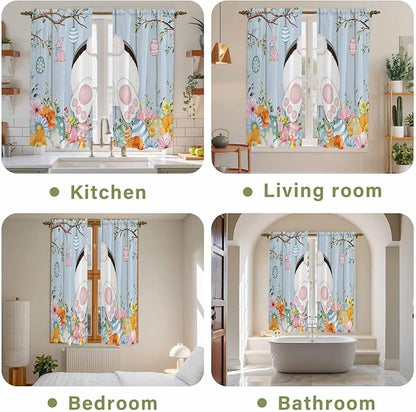 Easter Window Curtains 63 Inch Long 2 Panel Set, Rod Pocket Bedroom Curtains & Drapes, Spring Watercolor Bunny Eggs Flower Wood Grain Blue Light Filtering Window Treatment for Living Room 42"W x 63"L