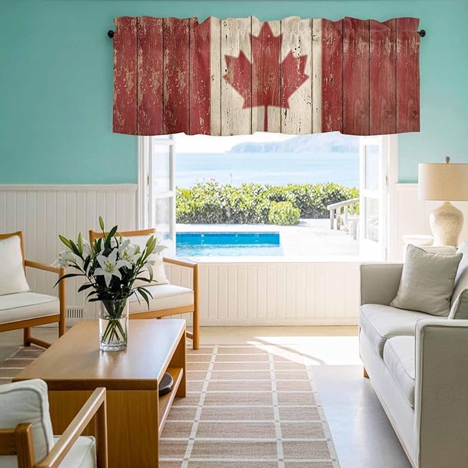 Canada Curtain Valances for Windows, Kitchen Valance Window Treatment, Red Maple Leaf Flag Vintage Farmhouse Wooden Grain Light Filtering Block Curtains for Bathroom/Bedroom/Living Room 42'' x 18''
