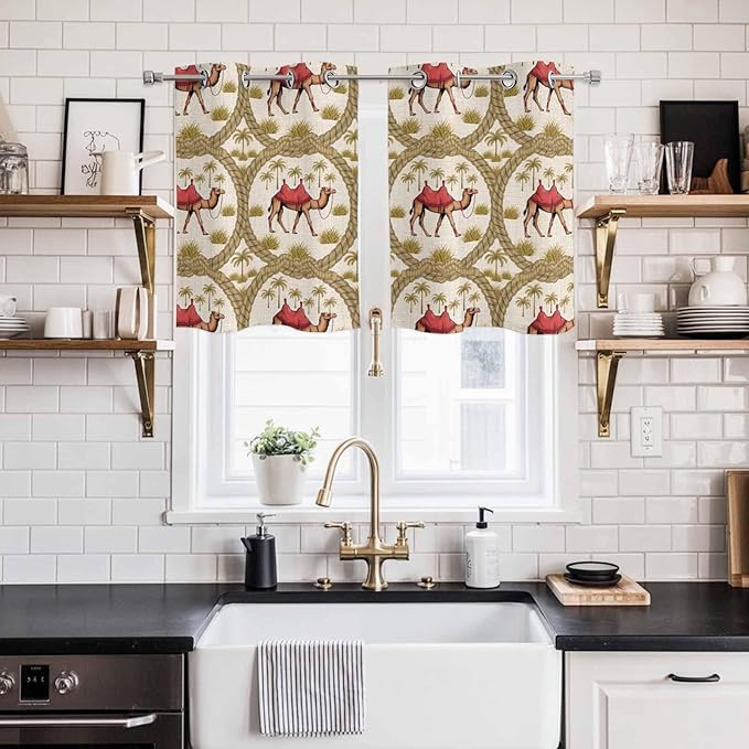 2 Panel Kitchen Cafe Curtains, Camels Palm Trees Sunlight Filtering Nature Air Through, Window Decor Tier Curtains for Living Room 55W x 39L inch Desert Date Coconut Trees Leaves Cords Beige