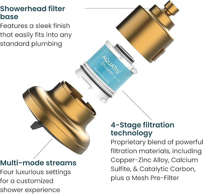 AquaTru Shower - High Pressure Shower Filter Removes Impurities from Hard Water to Support Healthy Skin, Scalp, Hair, Reduce Breakage, and Enhance Your Beauty and Self-Care Routine (Brushed Gold)