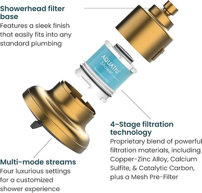 AquaTru Shower - High Pressure Shower Filter Removes Impurities from Hard Water to Support Healthy Skin, Scalp, Hair, Reduce Breakage, and Enhance Your Beauty and Self-Care Routine (Brushed Gold)