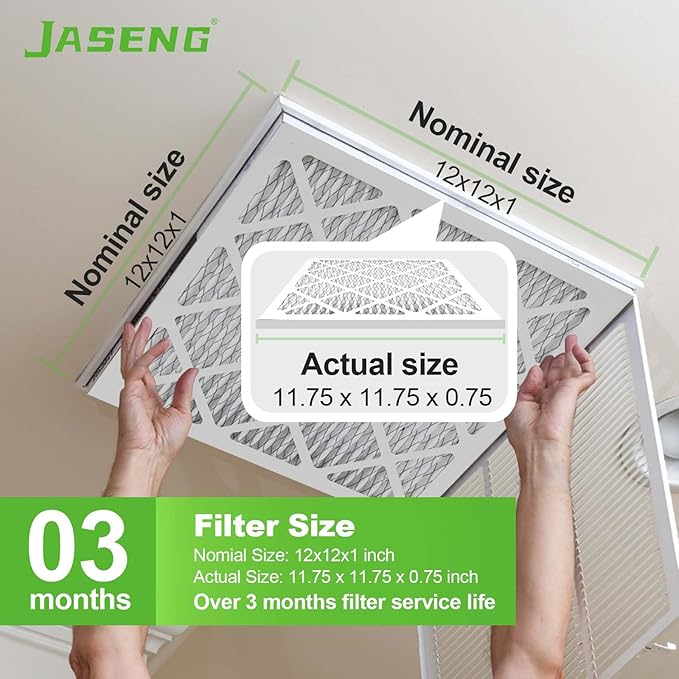 12x12x1 AC Furnace Air Filters,(2-Pack) MERV 8 Dust Defense, JASENG MPR 600 Pleated HVAC Replacement Air Filter (exact dimensions: 11 3/4"x11 3/4"x3/4")