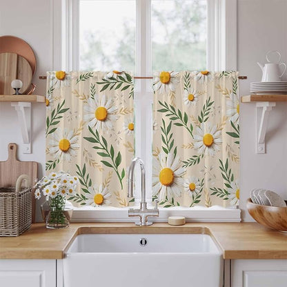 Spring Daisy Kitchen Curtains, Country Watercolor Flower Leaf Plant Light Filtering Window Curtain Panels, 2Pcs Rod Pocket Window Treatments Set for RV Dining Room Study Room 42x45 Inches
