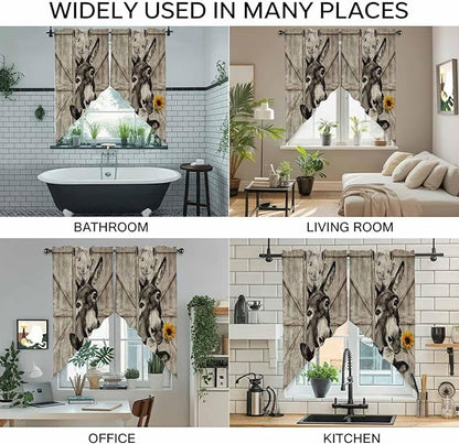 Funny Farm Animals Swag Valances for Windows, Vintage Barn Brown Sunflowers Rod Pocket Kitchen Curtains Valance, Small Window Curtains Swag for Cafe Bathroom Living Room, 2 Panels, 36x36 inch