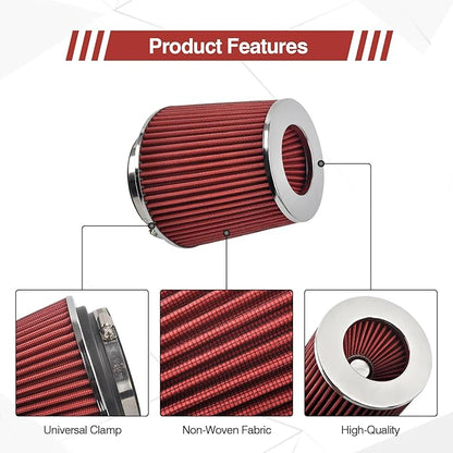 Universal Clamp On Air Intake Filter fits 3 In /3.5 In /4 In Three Different Size, Cone Air Intake Filter（Red）