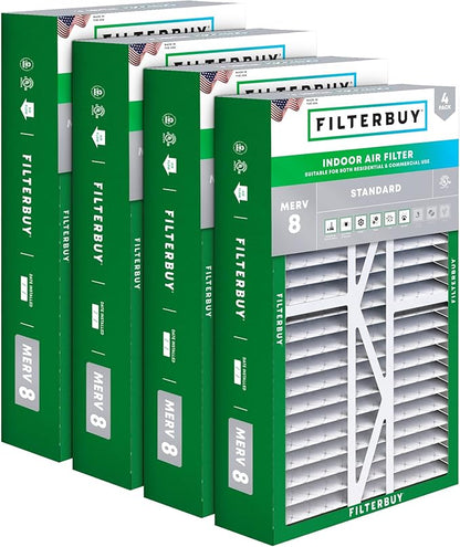 Filterbuy 16x25x5 Air Filter MERV 8 Essential Dust & Allergy Defense (4-Pack), Pleated HVAC AC Furnace Filters for Amana, Coleman, Goodman, Maytag, York, and More (Actual Size: 15.38 x 25.50 x 5.25)