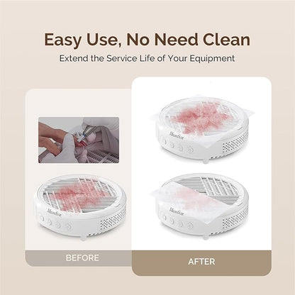 MelodySusie 200 Sheets Nail Dust Collector Filter Paper, Disposable Dust Vacuum Filter with 6pcs Sticky Back Hook for Most Nail Dust Fan Extractor Machine, Nail Tech Supplies for Salon & Home