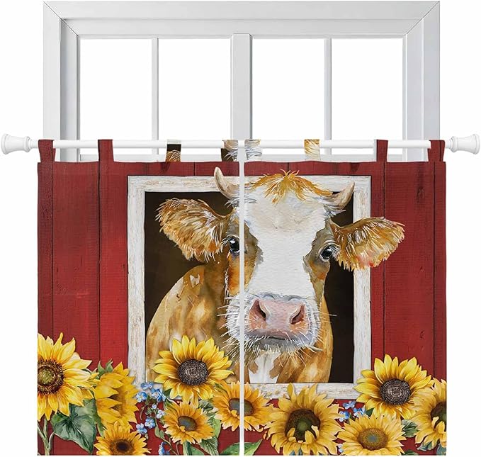 Cows Sunflowers Bedroom Curtains 63 Inch Length, Window Curtains Tab Top, Spring Floral Bees Farmhouse Barn Light Filtering Window Treatments Drapes 42"x63" 2 Panel