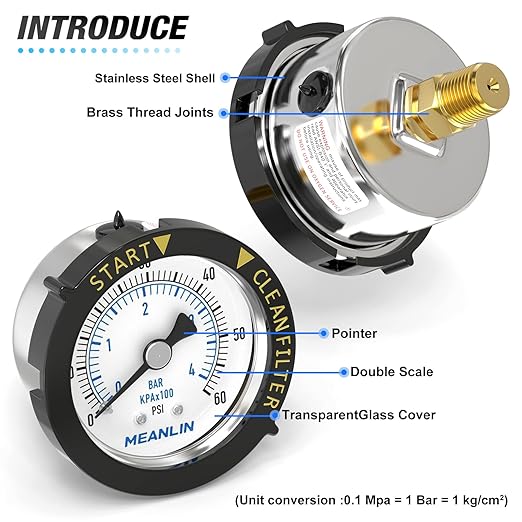 MEANLIN MEASURE 0~60Psi Stainless Steel Start and Clean Filter Pressure Gauge 1/4" NPT 2"FACE DIAL Waterproof for Pool Filter Pump Swimming Pool, spa, Aquarium Back Mount with Rotatable Plastic Frame