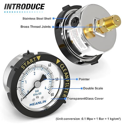 MEANLIN MEASURE 0~60Psi Stainless Steel Start and Clean Filter Pressure Gauge 1/4" NPT 2"FACE DIAL Waterproof for Pool Filter Pump Swimming Pool, spa, Aquarium Back Mount with Rotatable Plastic Frame