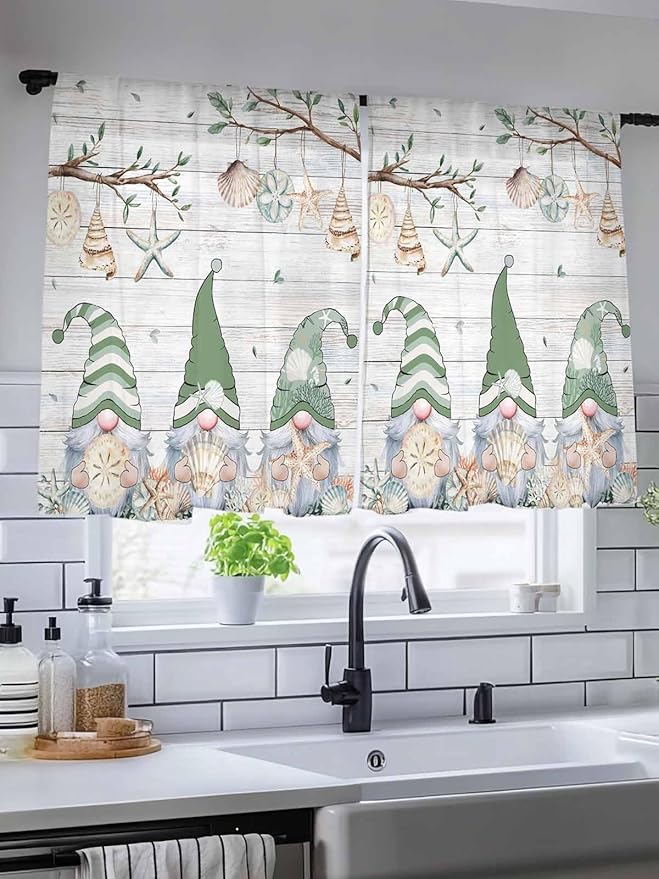 Sheer Curtains 54 Inch Length, Sage Green Gnomes Semi Sheer Curtains Light Filtering Window Treatment, Eucalypus Coastal Anchor Retro Wood Privacy Voile Drapes for Living Room Bedroom 52x54 Inch