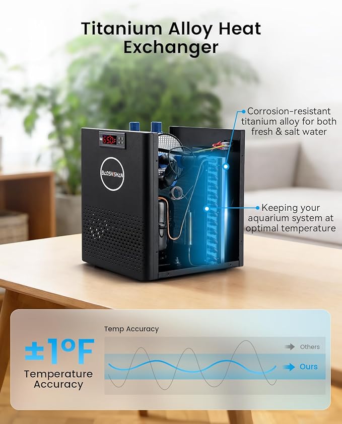 BAOSHISHAN Aquarium Chiller 26gal 1/13 HP Fish Tank Chiller Water Chiller for Aquarium with Pipe Clamp Suction Cup Compressor Refrigeration Quiet Chiller for Axolotl Coral Jellyfish