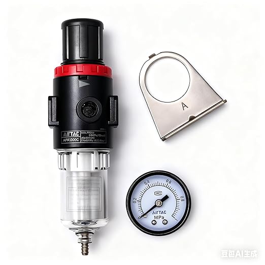Compressed Air Low Pressure Filter Regulator Airtac AFR2000-C 1/4'' NPT 0-60 PSI Combo Piggybac Adjustable,Bracket,Gauge Semi-Auto Drain
