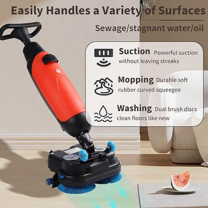 Rechargeable Floor Cleaner and Wet Dry Floor Machine, 17" Commercial Floor Scrubber, Dual-Brush Heads, Cordless Electric Floor Mop Cleaning Capacity 13000 Sqft/H, for Villa Hospital Office Red