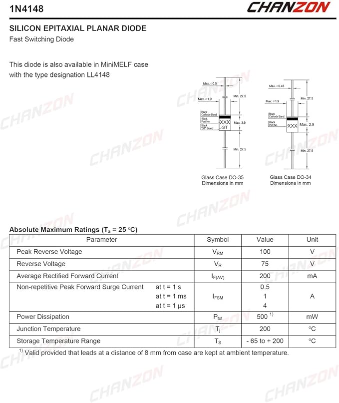 Chanzon 1N4148 Small Signal Fast Switching Diodes High-Speed Axial 200mA 100V DO-35 (DO-204AH) IN4148 Silicon Diodes (Pack of 100 Pieces)