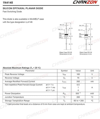 Chanzon 1N4148 Small Signal Fast Switching Diodes High-Speed Axial 200mA 100V DO-35 (DO-204AH) IN4148 Silicon Diodes (Pack of 100 Pieces)