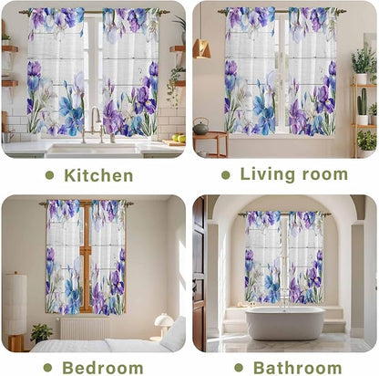 Spring Flowers Kitchen Curtains, Watercolor Garden Florals Wooden Grain Light Filtering Window Curtain Panels, 2Pcs Rod Pocket Window Treatments Set for Living Room Bathroom Bedroom 42x63 Inches