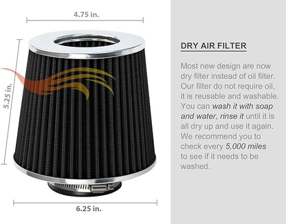 BLACK 4" 102 mm Inlet Truck Air Cone Replacement Performance Washable Clamp-On Dry Air Filter (8" Tall)