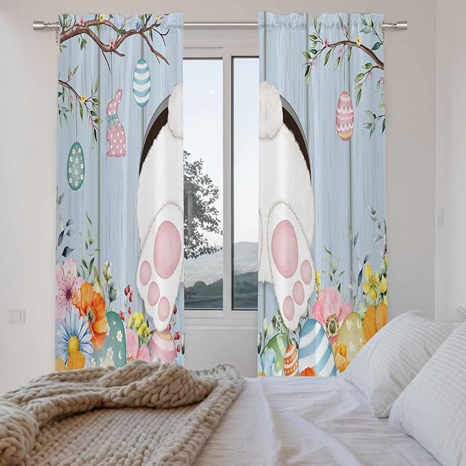 Easter Window Curtains 72 Inch Long 2 Panel Set,Rod Pocket Long Curtains & Drapes,Spring Watercolor Bunny Eggs Flower Wood Grain Blue Light Filtering Window Treatment for Bedroom 52"W x 72"L
