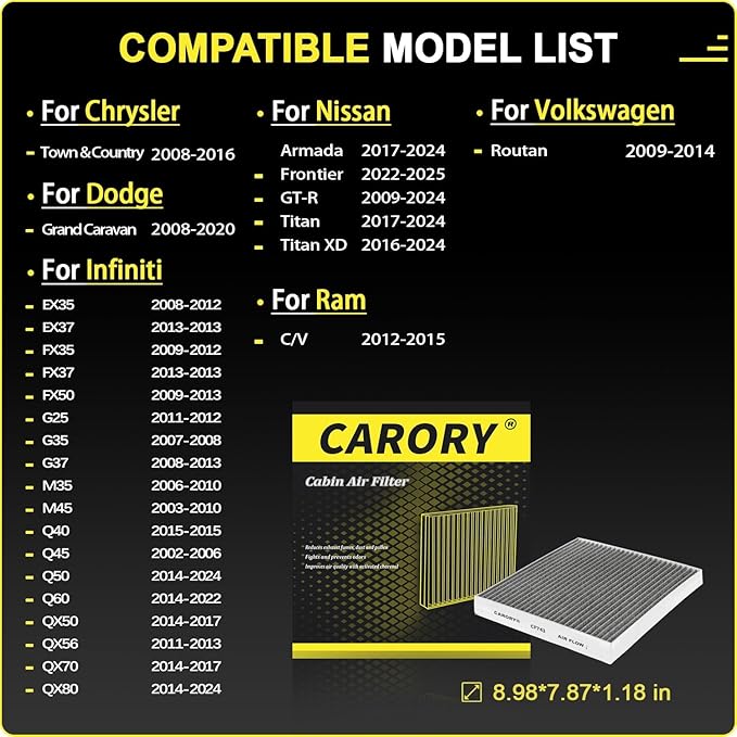 Cabin Air Filter w/Activated Carbon for Nissan Frontier 2022-2025, Titan 2017-2024, Armada 2017-2024, Infiniti Q50 2014-2024, Chrysler Town & Country 2008-2016, Dodge Grand Caravan 2008-2020 & More