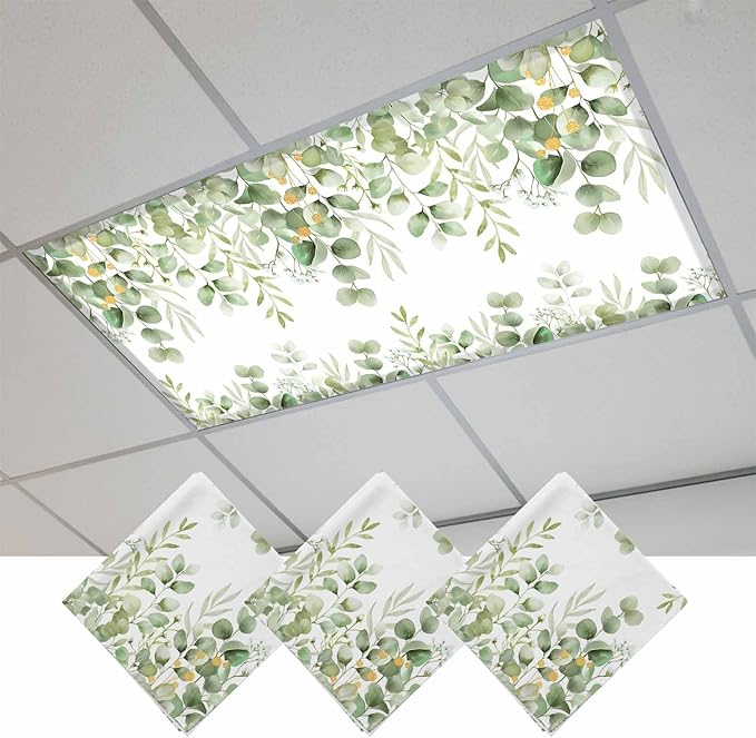 Fluorescent Light Covers for Ceiling Lights Sage Green Eucalyptus Leaves Magnetic Light Filters 3 Pack 4x2 ft Nature Leaf Plant Ceiling Lights Cover for Classroom Office School Home Drop Lamp Decor