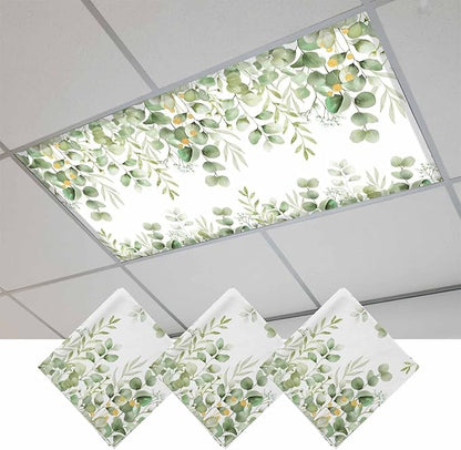 Fluorescent Light Covers for Ceiling Lights Sage Green Eucalyptus Leaves Magnetic Light Filters 3 Pack 4x2 ft Nature Leaf Plant Ceiling Lights Cover for Classroom Office School Home Drop Lamp Decor