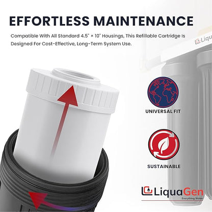 LiquaGen Activated Alumina + Carbon + KDF-55 Replacement Water Filter Cartridge – Helps Manage Fluoride, Chlorine & Taste, Refillable 2.5" x 10", 2.5" x 20", 4.5" x 10", 4.5" x 20" (4, 4.5" x 10")