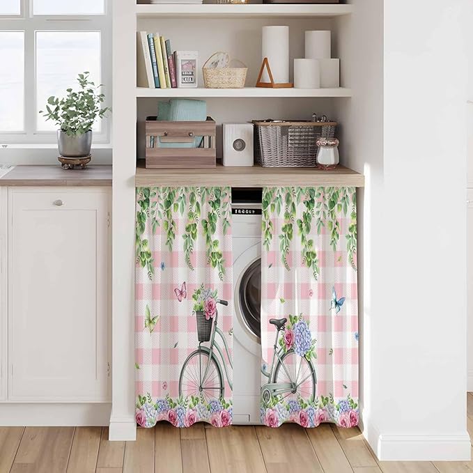 Spring Kitchen Curtains, Bicycles Leaves Butterfly Flowers Pink Buffalo Plaid Light Filtering Window Curtain Panels, 2Pcs Rod Pocket Window Treatments Set for Study Room Bathroom Bedroom 52x54 Inches