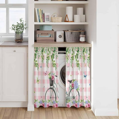 Spring Kitchen Curtains, Bicycles Leaves Butterfly Flowers Pink Buffalo Plaid Light Filtering Window Curtain Panels, 2Pcs Rod Pocket Window Treatments Set for RV Dining Room Study Room 42x45 Inches