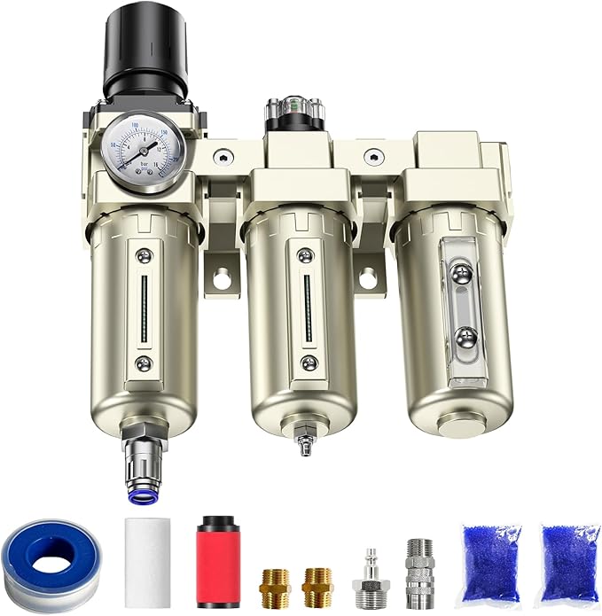 1/2" NPT 3 Stage Air Drying System,Heavy Duty Industrial Grade Air Compressor Water Separator System,Filter Oil Water Separator Dryer for Plasma Cutter and Paint Spray,0-240 PSI,Auto Drain