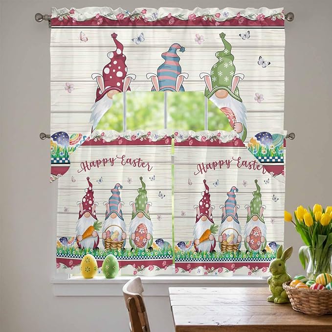 Swag Valance Curtains, Happy Easter Gnomes with Eggs on Grass Rod Pocket Valances Swag Topper for Kitchen Windows, Spring Floral on Wood Barn Light Filtering Short Curtain for Bedroom Bathroom 56x36In