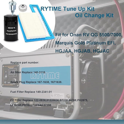 Tune Up Kit Fit for Onan Marquis Gold RV QG 5500/7000 Generators Replacement Parts 140-3116 Air Filter, 149-2341-01 Fuel Filter, 122-0836 Oil Filter & Wrench, 167-1638 Spark Plug & Gap Tool