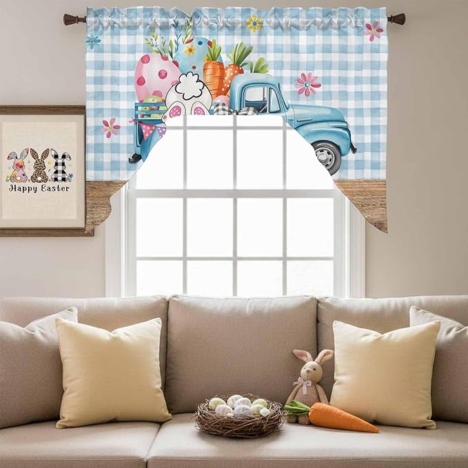 Swag Valance Curtains, Easter Truck with Rabbit Eggs Carrot Rod Pocket Valances Swag Topper for Kitchen Windows, Wood Barn and Blue Checker Light Filtering Short Curtain for Bedroom Bathroom 56x36In