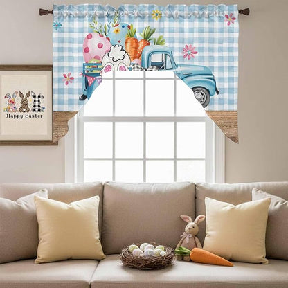 Swag Valance Curtains, Easter Truck with Rabbit Eggs Carrot Rod Pocket Valances Swag Topper for Kitchen Windows, Wood Barn and Blue Checker Light Filtering Short Curtain for Bedroom Bathroom 56x36In