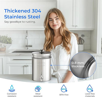 Waterdrop Gravity Water Filter, 2.25G Stainless-Steel System with Silver Ions Enhanced Filtration with 2 Black Carbon Filters, NSF/ANSI 42&372 Standard, Reduces Chlorine for Emergencies